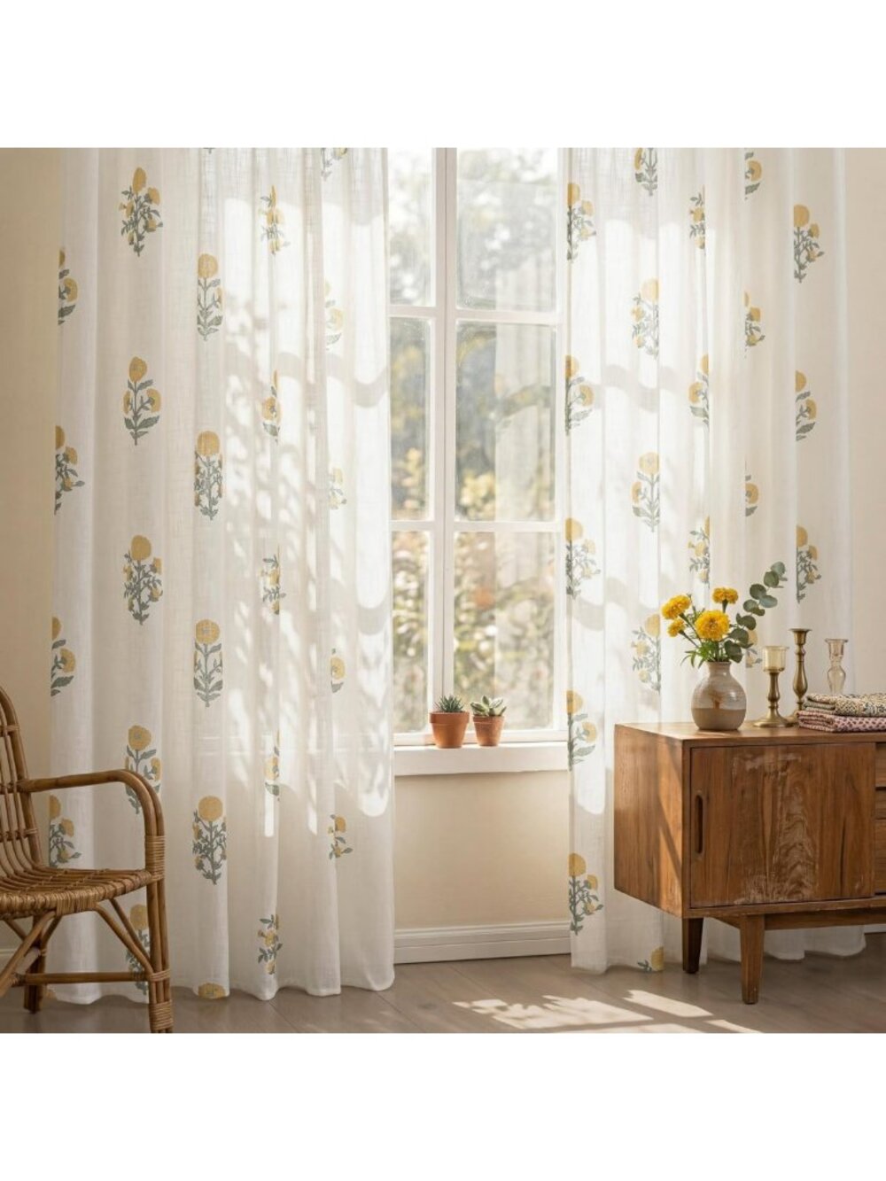 Floral Yellow Spring Curtains, 84" Light Filtering Semi-Sheer Drapes for Living
